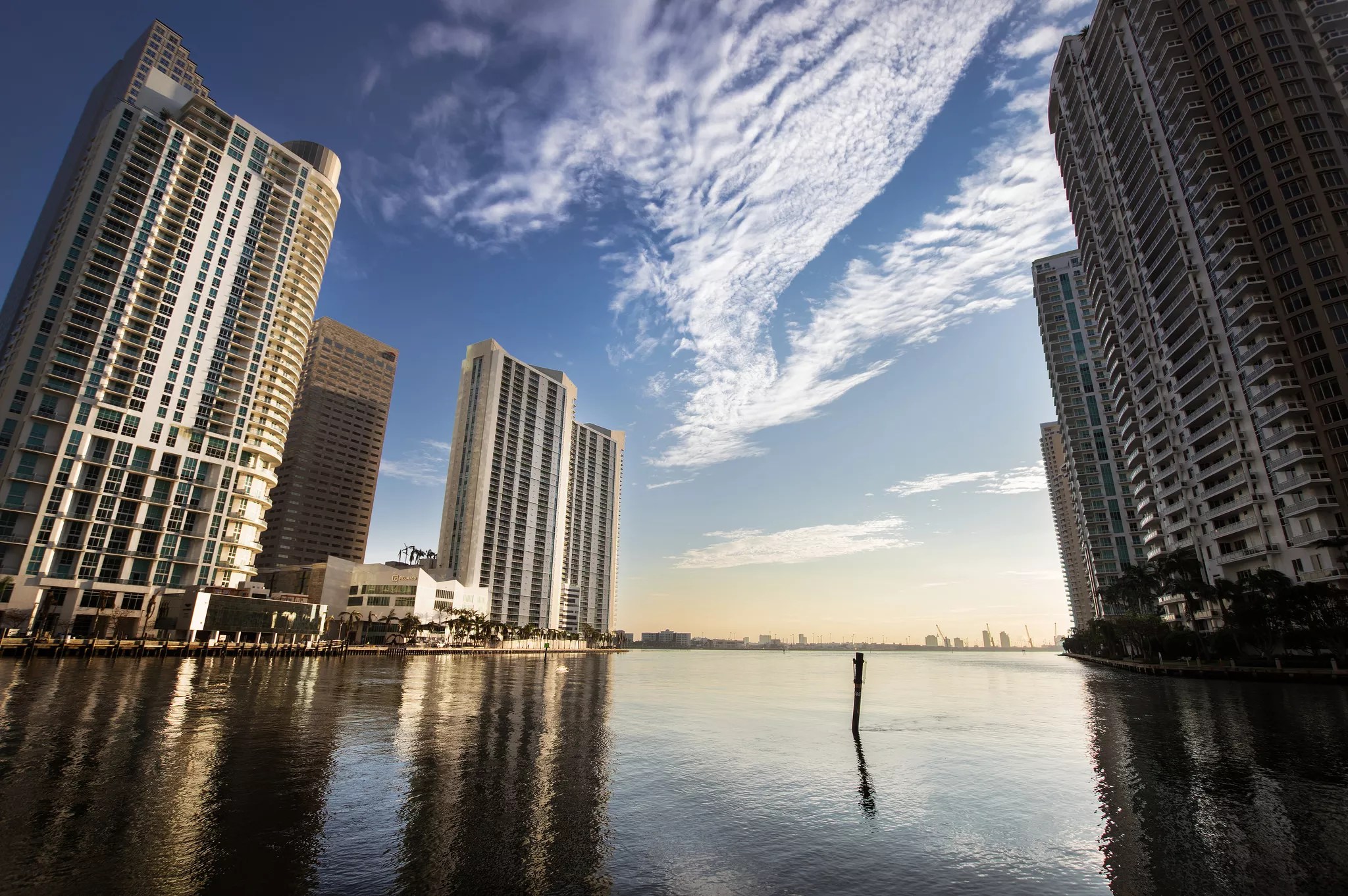 Skyscrapers sit above the water in Miami.
