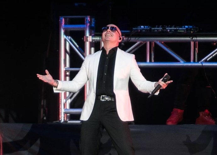 Pitbull performing on stage as part of Miami Bash on April 15, 2018