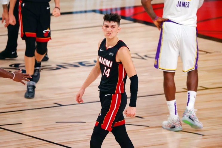 Tyler Herro makes his mean-mugging face during a game against the Los Angeles Lakers.