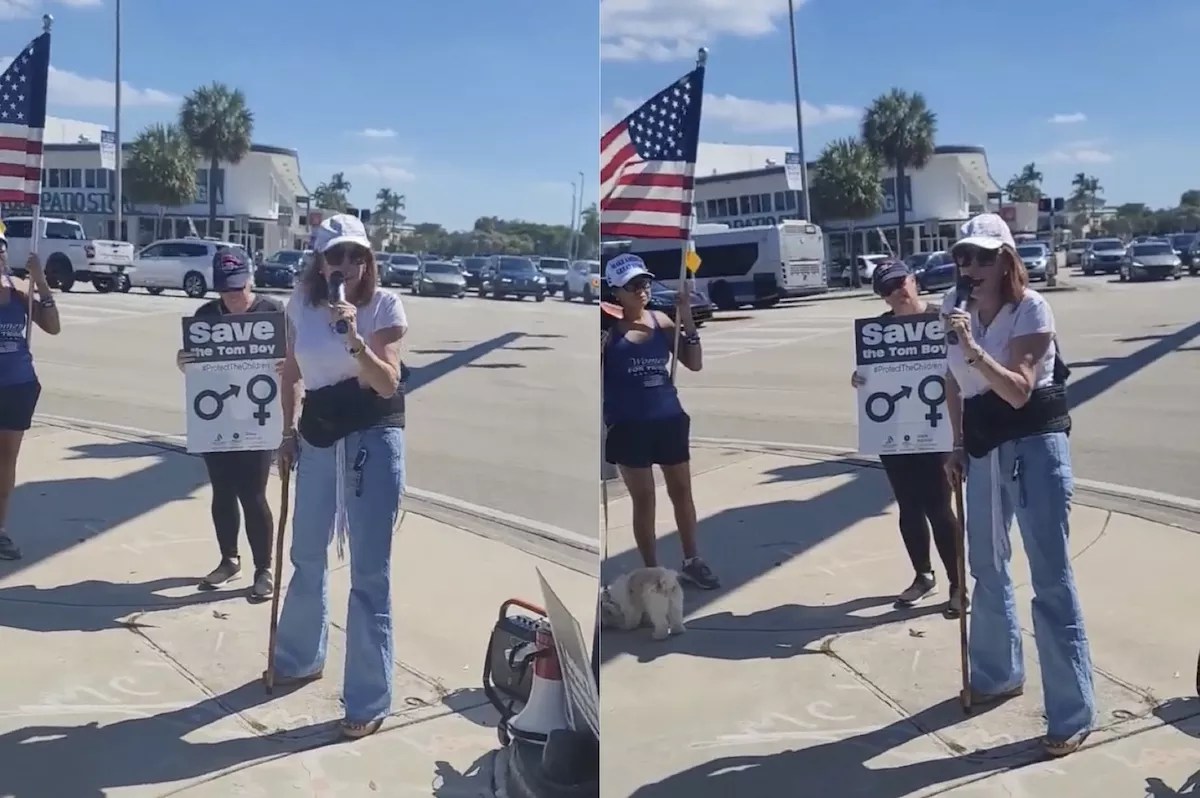 Broward School Board member Brenda Fam speaks at a rally in Fort Lauderdale on Saturday. She is leaning on a cane and wearing what appears to be a back brace while speaking before a small group on the corner of Oakland Park and Federal Highway.