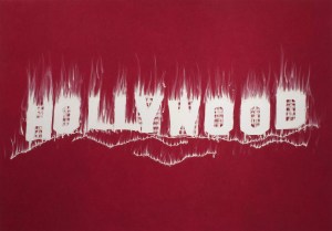 Artwork by Gary Simmons with the word Hollywood in white letters on a red background
