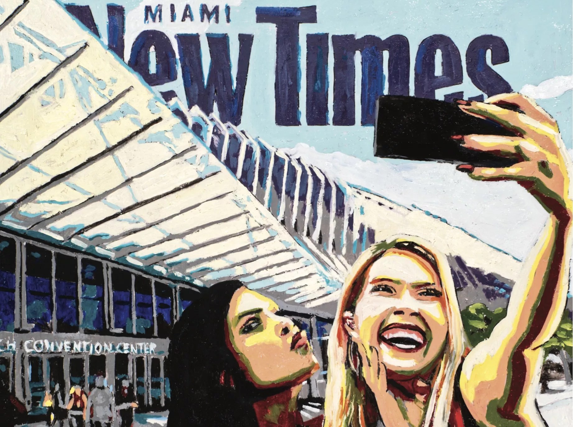 Detail of Tom Carlson's paint-by-numbers cover of the November 30, 2023, cover of the <i>Miami New Times</i> print edition, which depicts two women taking a selfie outside the Miami Beach Convention Center.
