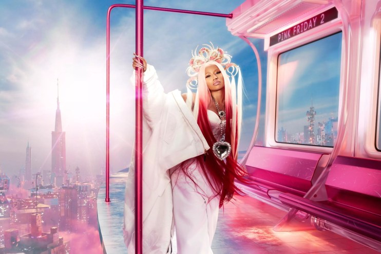 Rapper Nicki Minaj standing in a computer-generated pink train