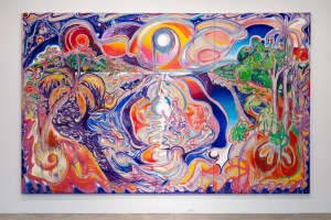 Abstract painting with colors of blue, pink, green, and white colors swirling together