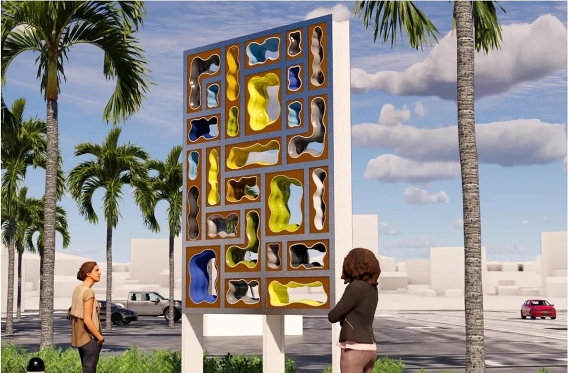 Fourteen-foot-high abstract sculpture with some colorful holes in it