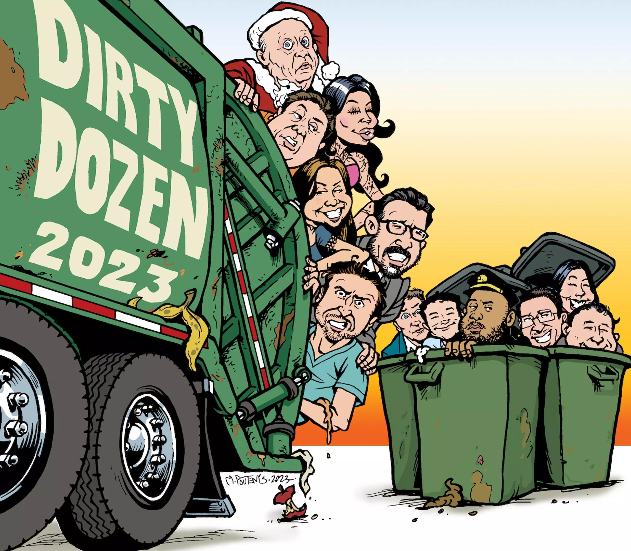A color caricature of the 12 miscreants who comprise our 2023 edition of the Miami New Times Dirty Dozen, hanging out of, or about to be Dumpstered into, a garbage truck.