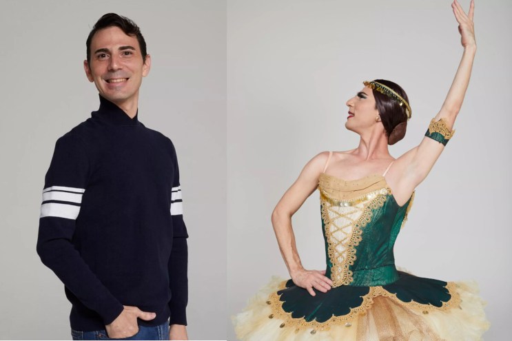 Photo of Alejandro Gonzalez Rodriguez standing in a blue turtleneck next to a photo of Rodriguez in costume