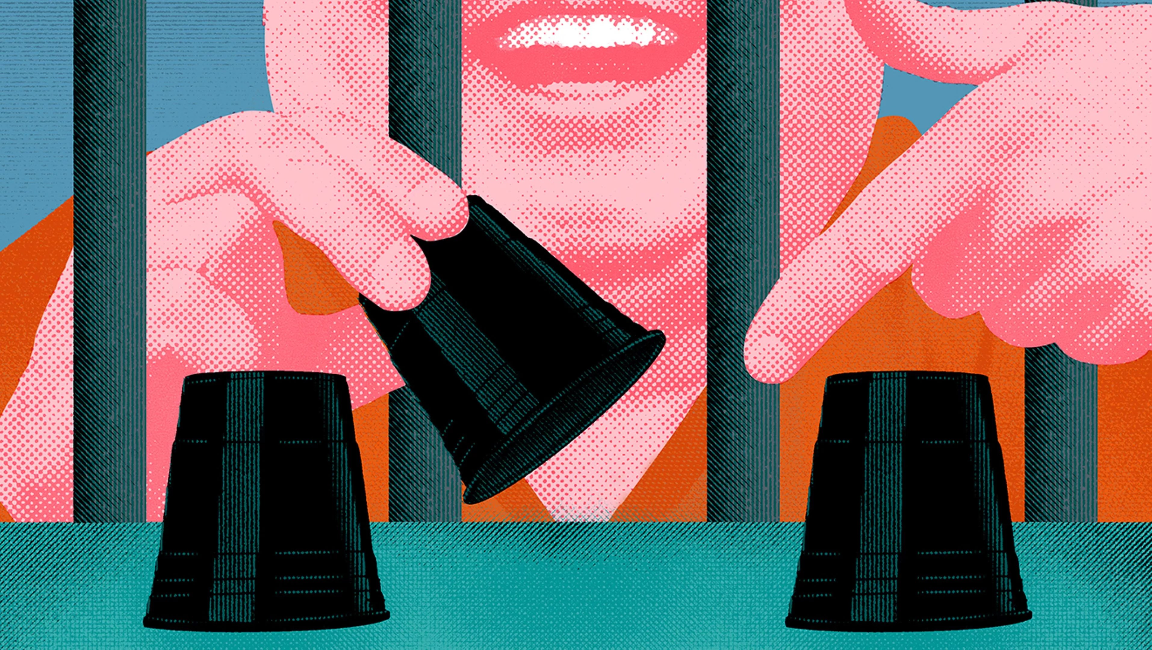 Photo-illustration of James "Jimmy" Sabatino playing a shell game with three black cups from behind prison bars.