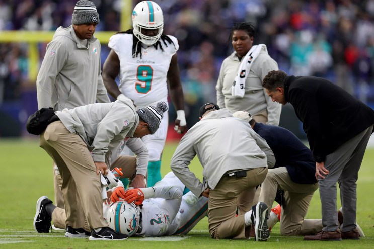 Linebacker Bradley Chubb injured on the field at M&T Bank Stadium on December 31, 2023.