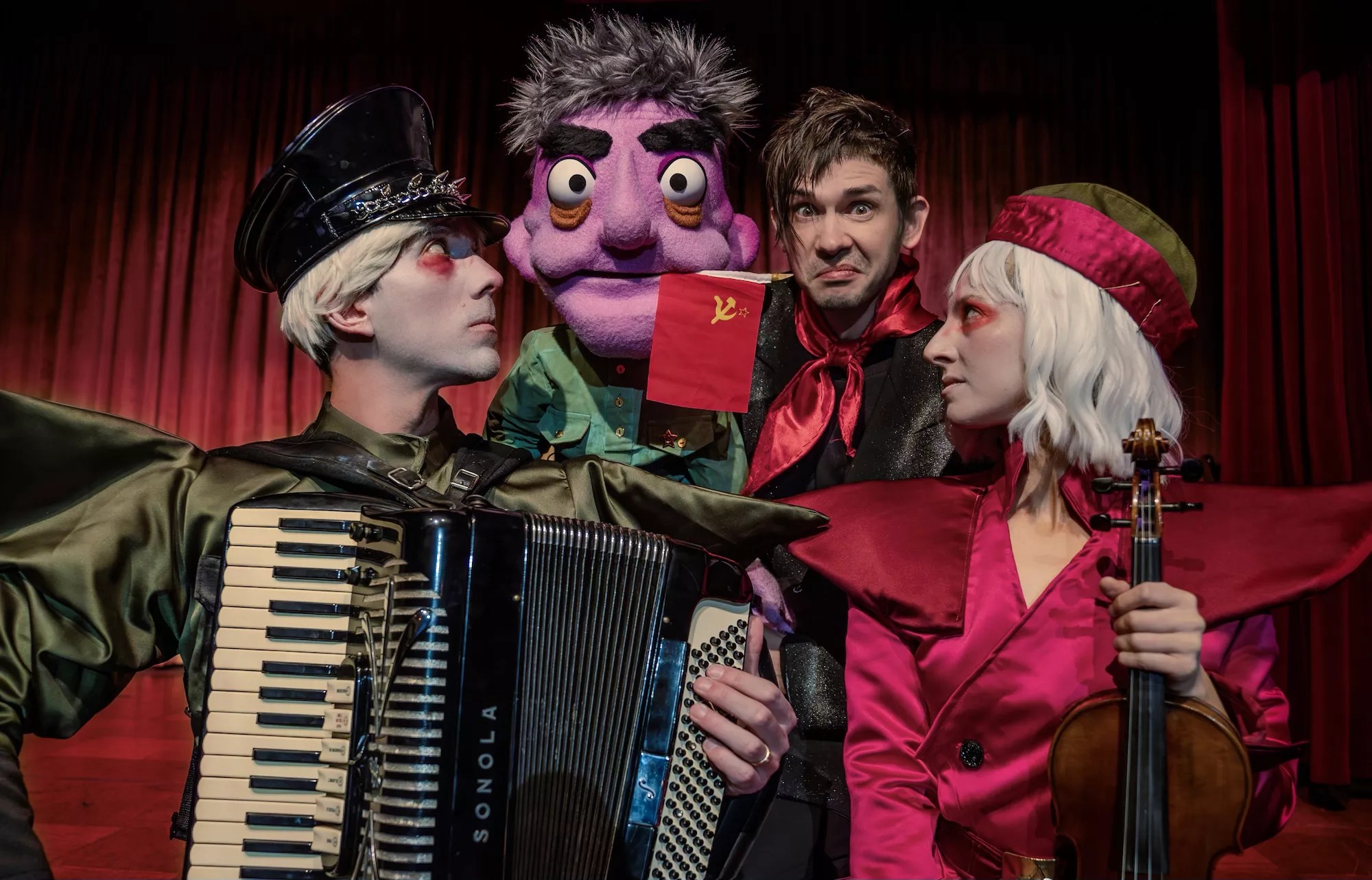 The cast and puppet of The Great Soviet Bucket