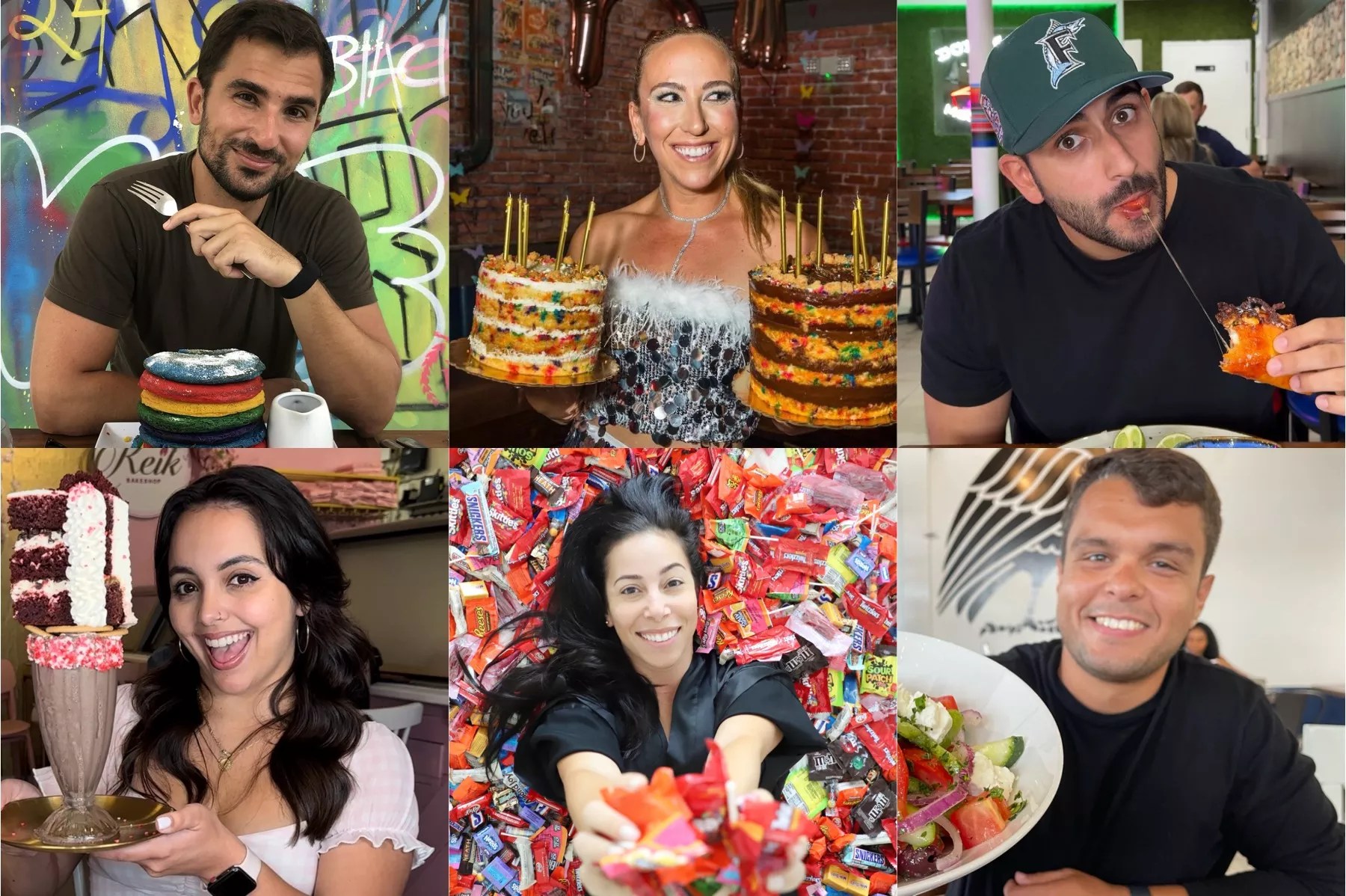 A photo collage of numerous people holding food