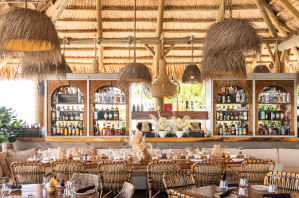 a beachy outdoor dining area