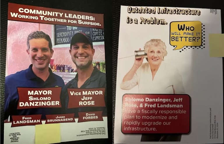 Political mailers with smiling Surfside Mayor Shlomo Danzinger and Vice Mayor Jeff Rose