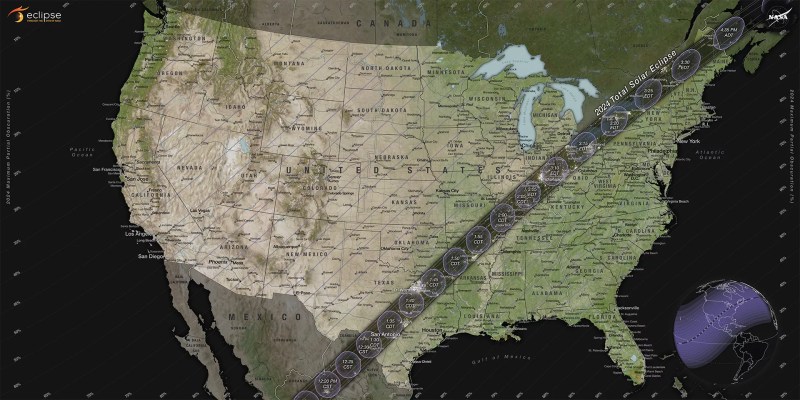 A NASA map showing the path of totality and partial contours crossing the U.S. for the April 8, 2024, total solar eclipse.