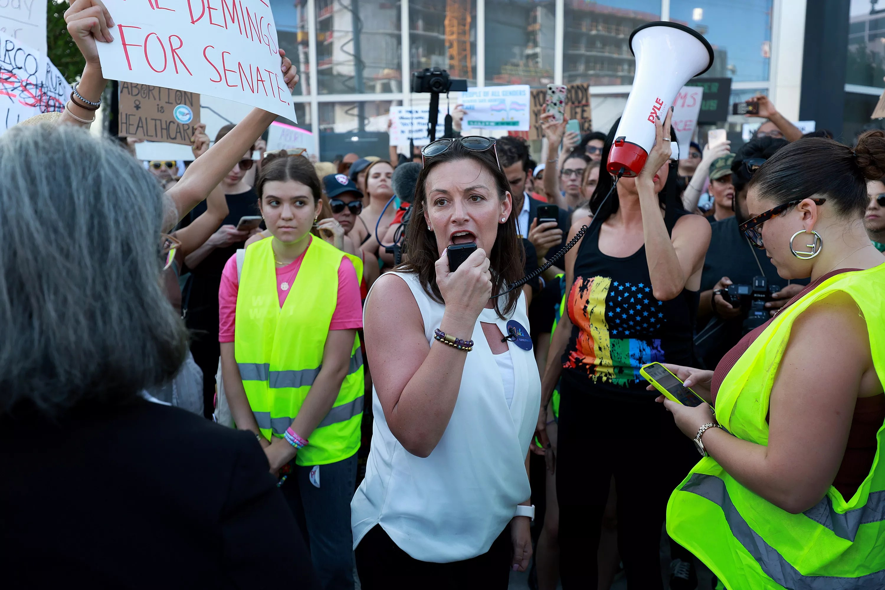 A crowd gathers in the streets of Miami during a protest for abortion rights