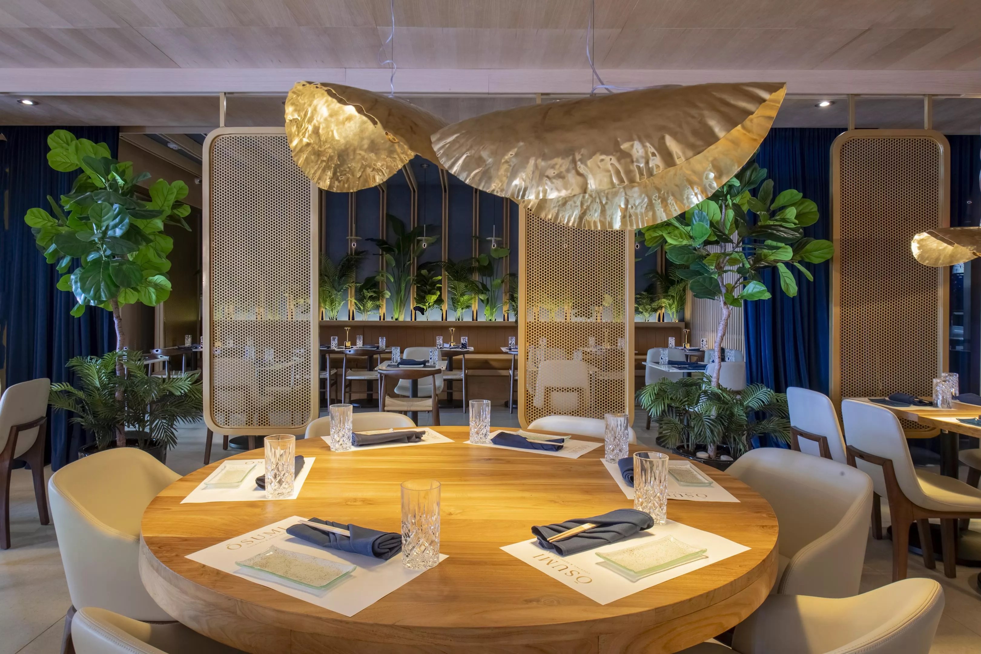 A dining room with chandeliers