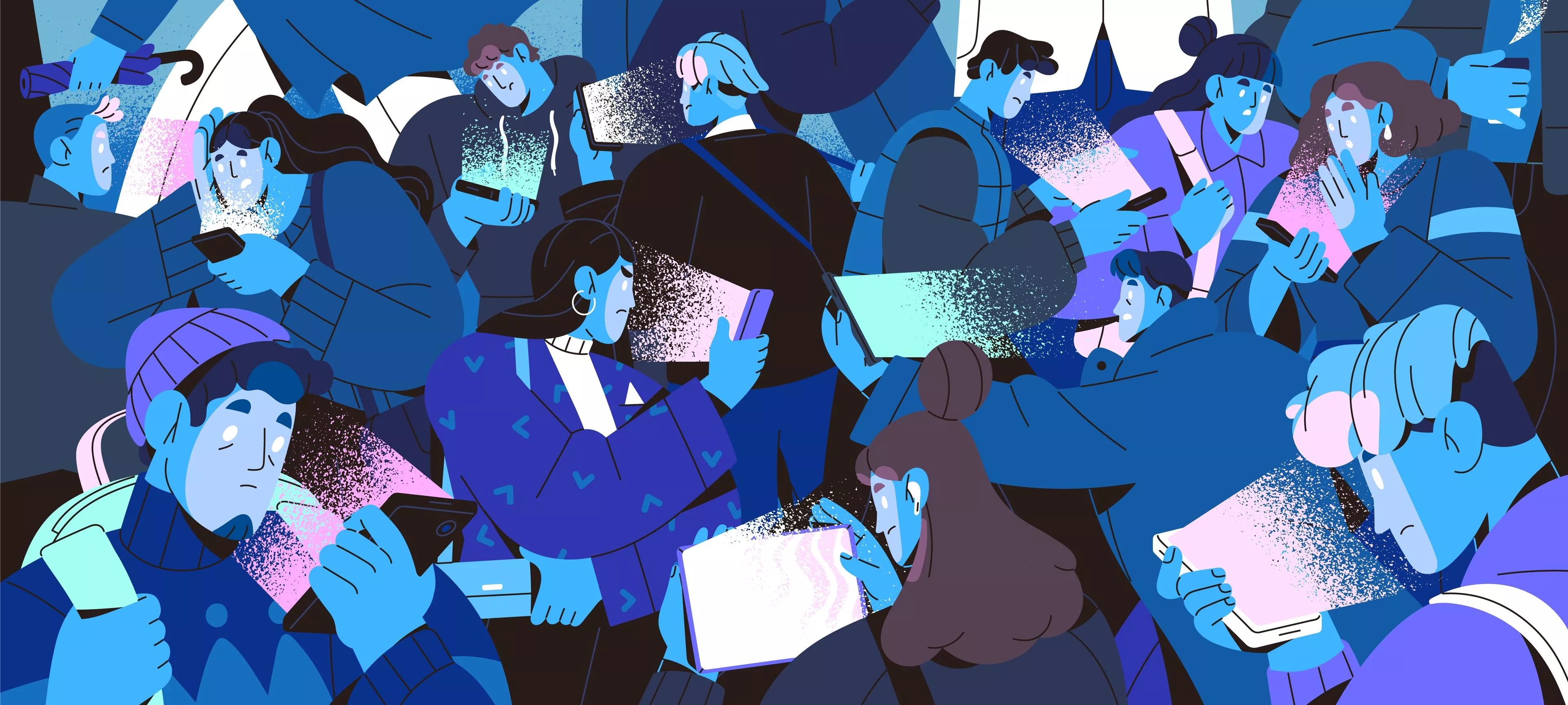 A drawing of a crowd of screen-obsessed people with blank eyes staring at phones and tablets