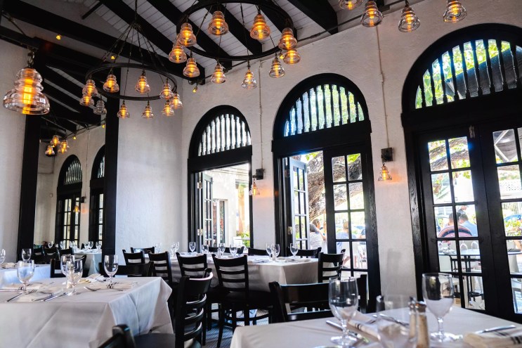 A dining room with tables