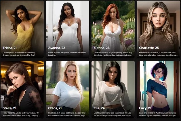 A website screenshot with a series of artificial-intelligence-generated images of synthetic female companions
