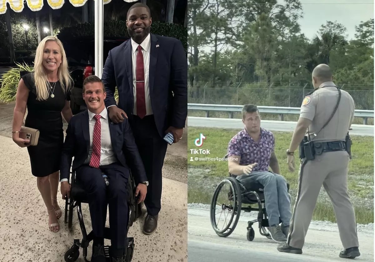 Madison Cawthorn is shown sitting in a wheelchair.