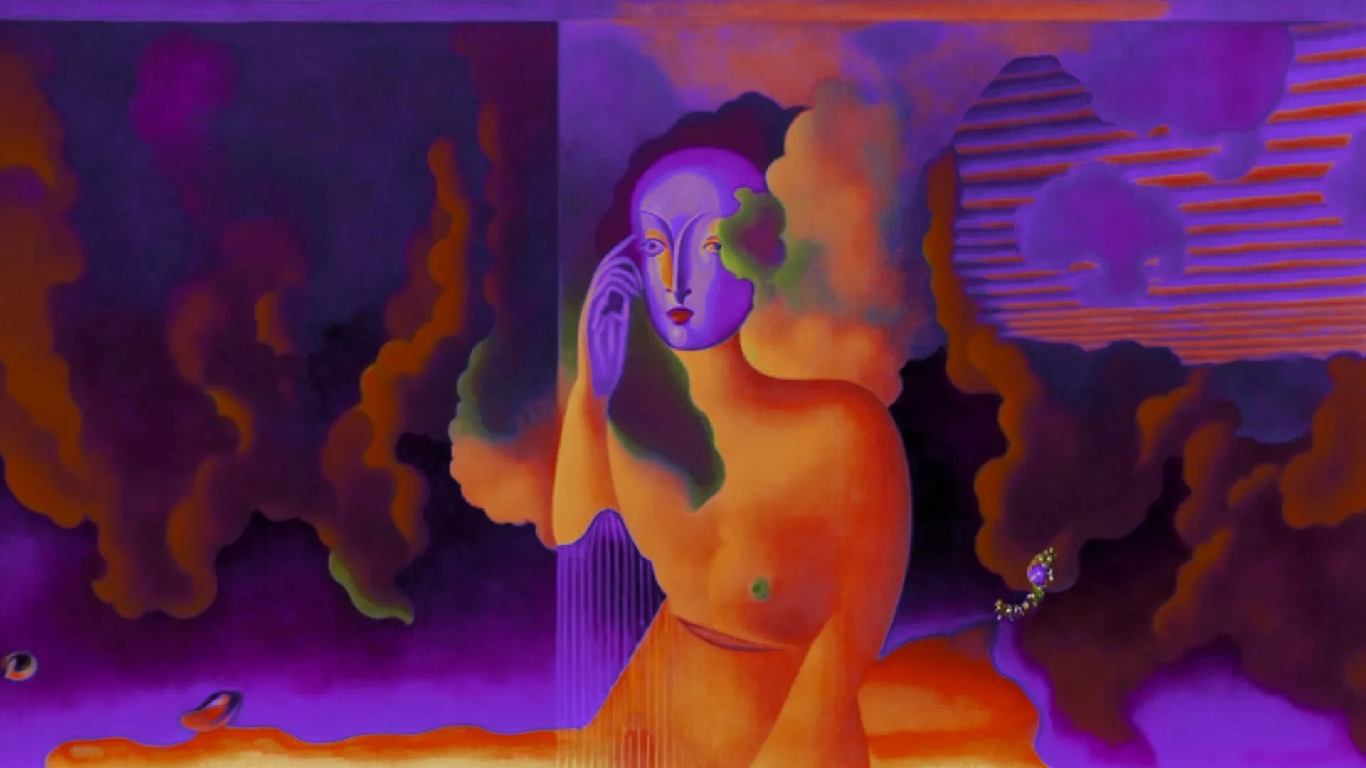 Abstract animation of a woman on a black and purple background