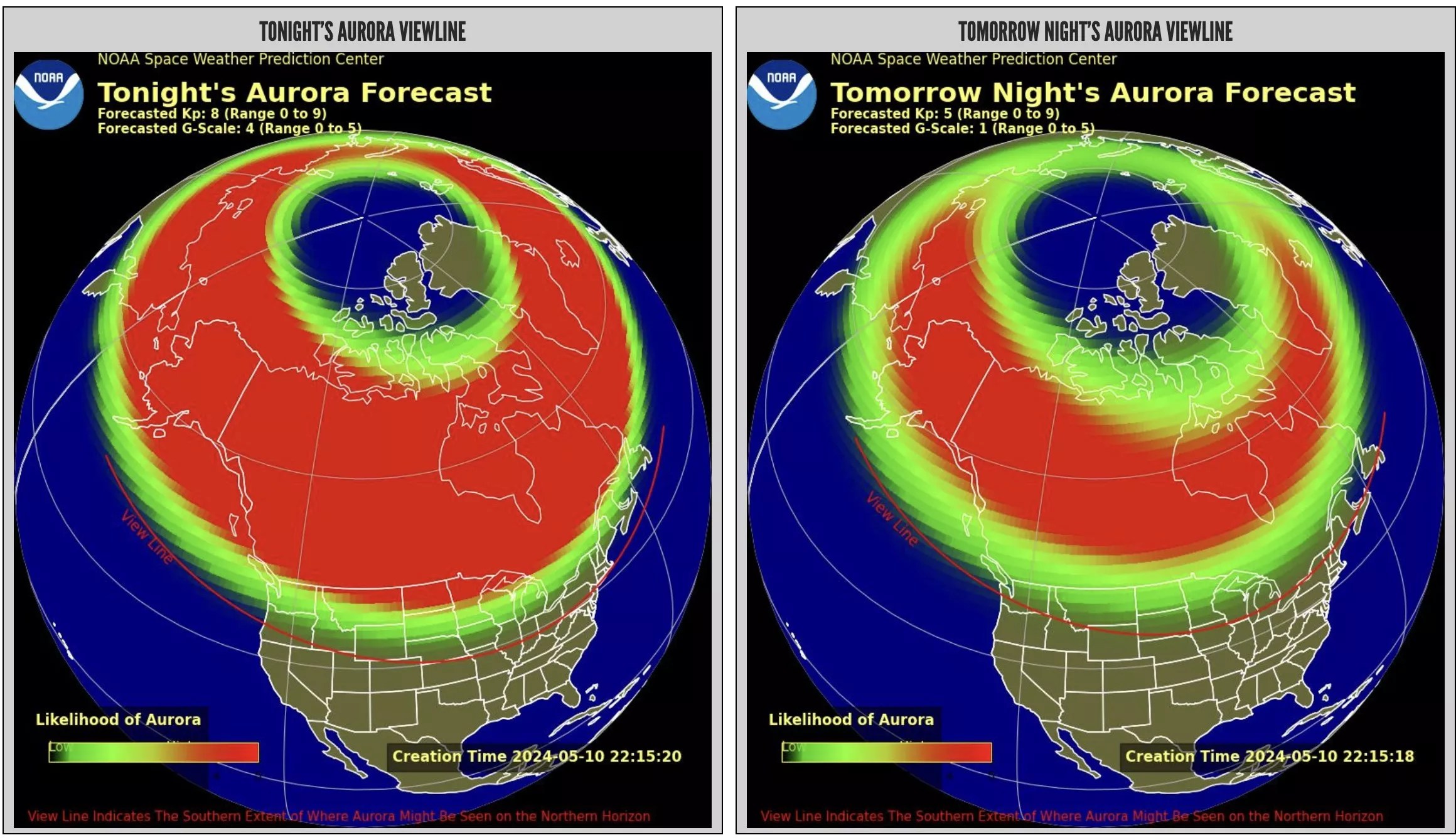 two forecast maps from the NOAA showing potential visibility of the Northern Lights on May 10-11, 2024