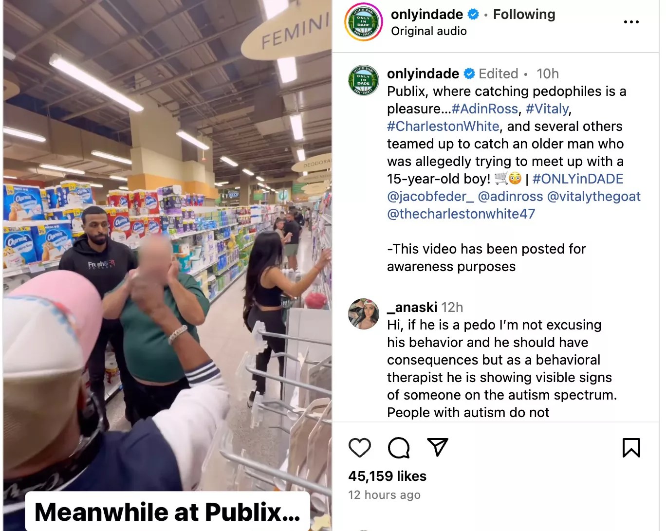 screenshot of instagram post showing a man in a green shirt covering his ears. the man's face is blurred.