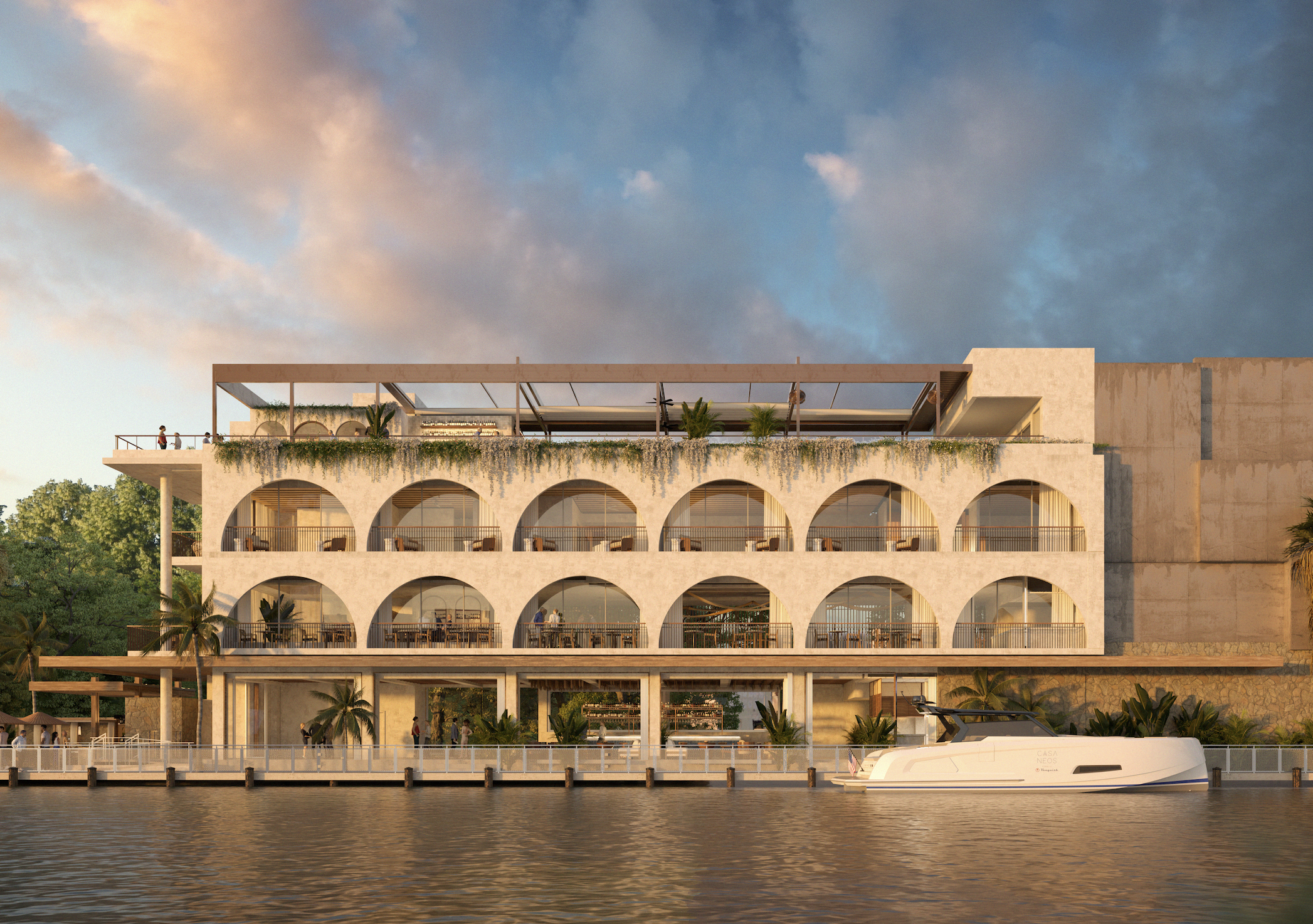 a restaurant rendering along a river