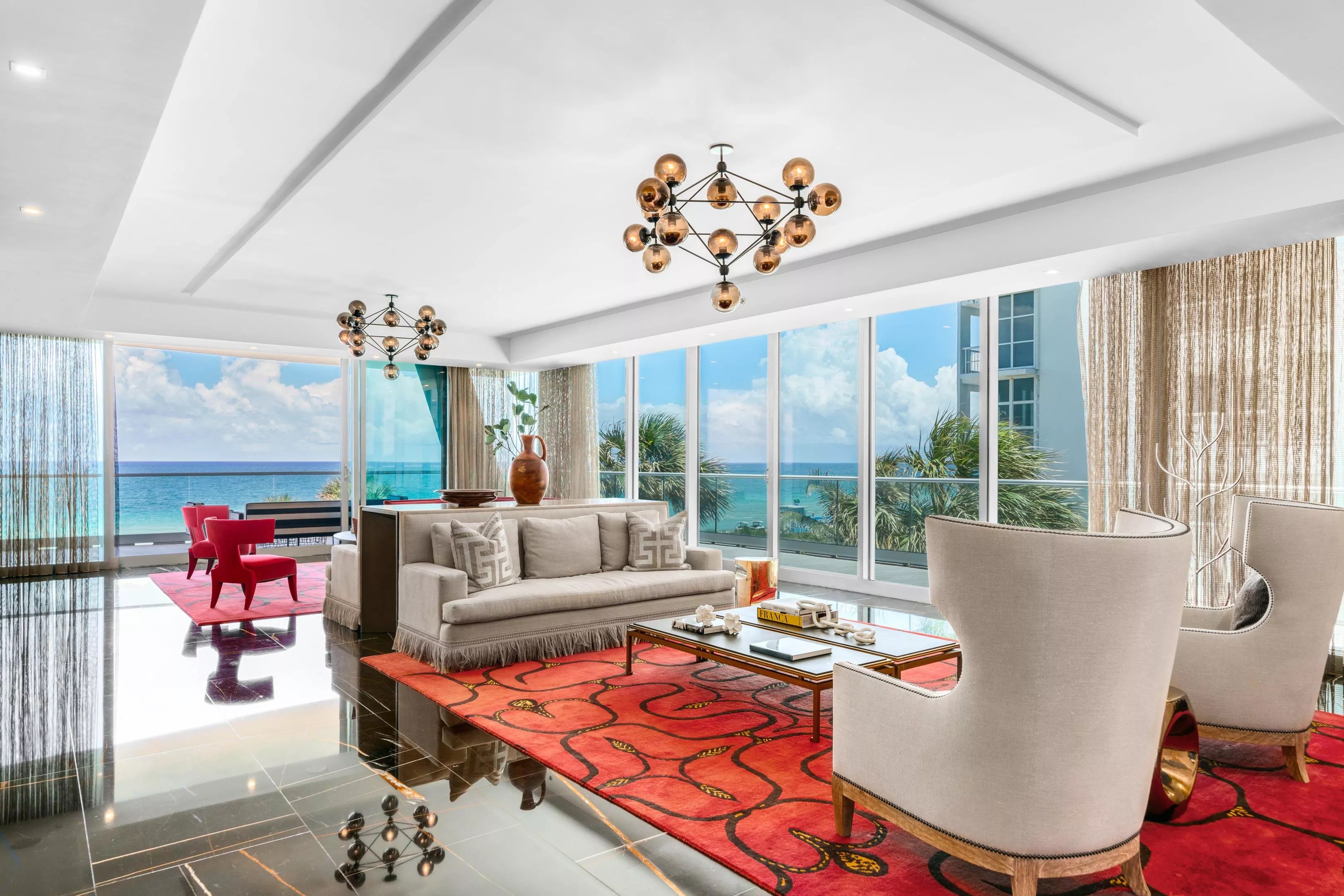 Living room of $22.5 million condo in Surfside