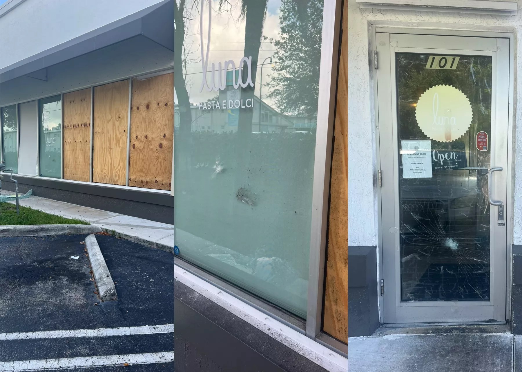 a restaurant with damage to glass storefront