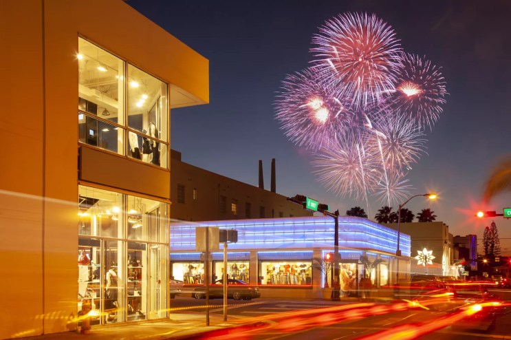 color photo of fireworks over buildings in Miami Beach, Florida.