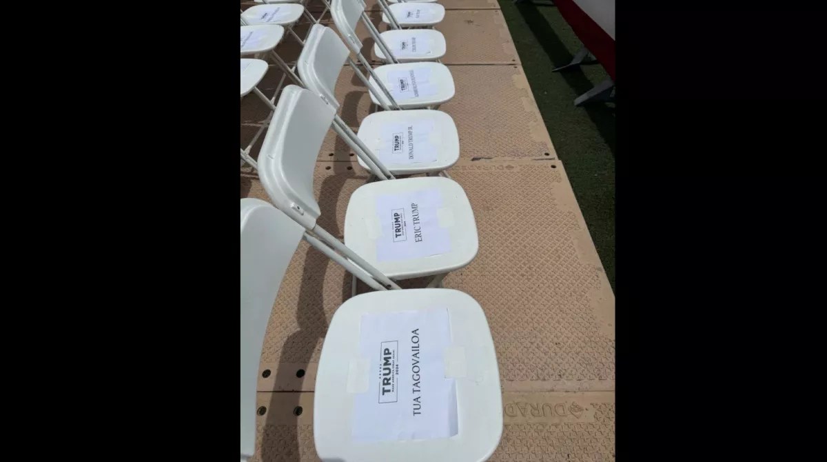 Manipulated photo showing a reserved seat for Tua Tagovailoa at Trump rally