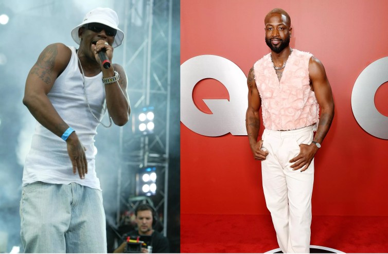 Side-by-side photo of rapper Cam'ron in an undershirt and mic in hand, alongside picture of Dwyane Wade posing in pink top on red carpet