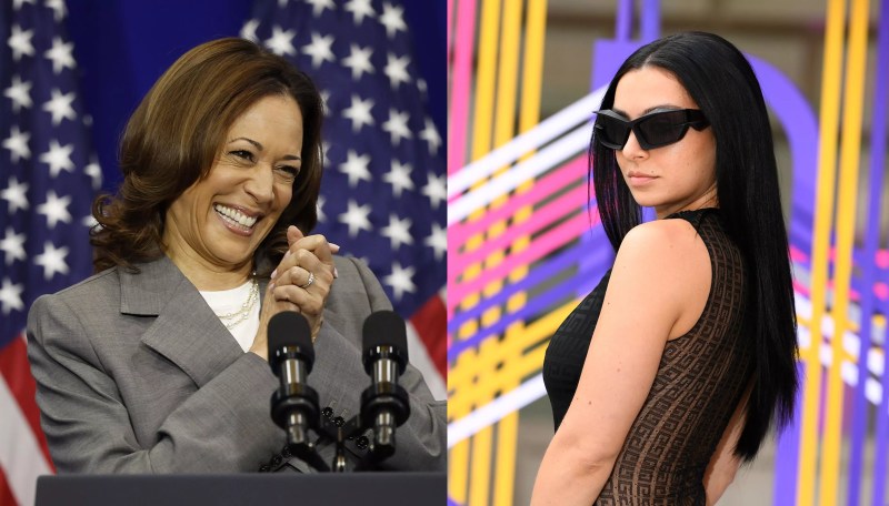 Side by side photo of Charli XCX in sunglasses and Vice President Kamala Harris smiling wide and clasping her hands together