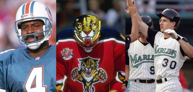 Collage of South Florida sport team players wearing vintage jerseys