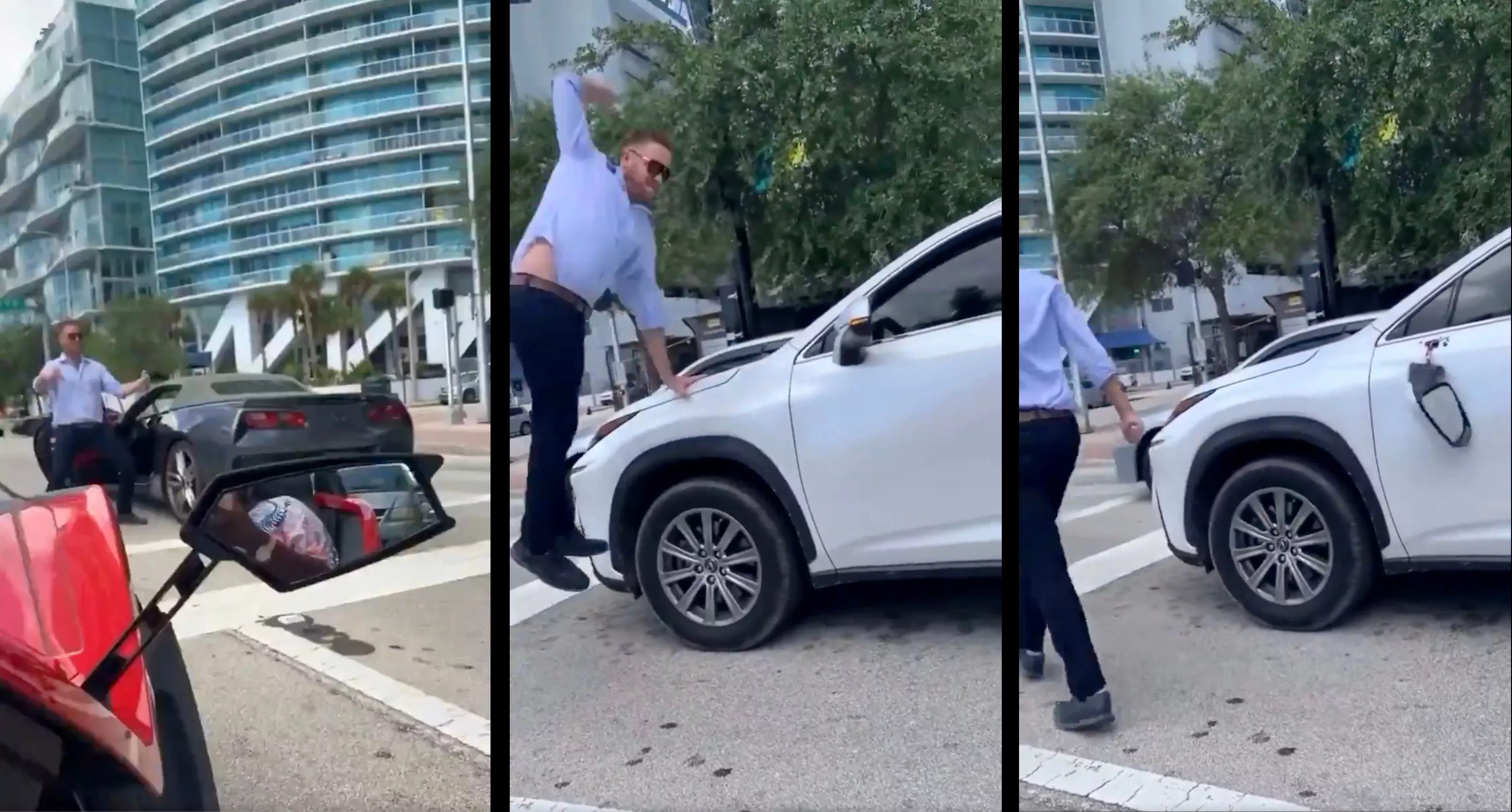 An enraged man leaps into the air in downtown traffic to deliver a hammer fist to an SUV's driver-side mirror