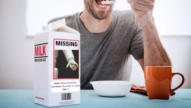 A robot's photo on a missing child milk carton alongside the words "Miami Herald Bot"