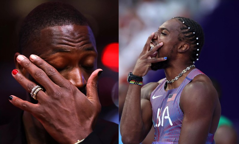 Photo of NBA star Dwyane Wade rubbing his eye during a Hall of Fame induction ceremony, side-by-side with a photo of Noah Lyles reacting during the 100m Olympics Semi-Final. Both have fabulous nails.