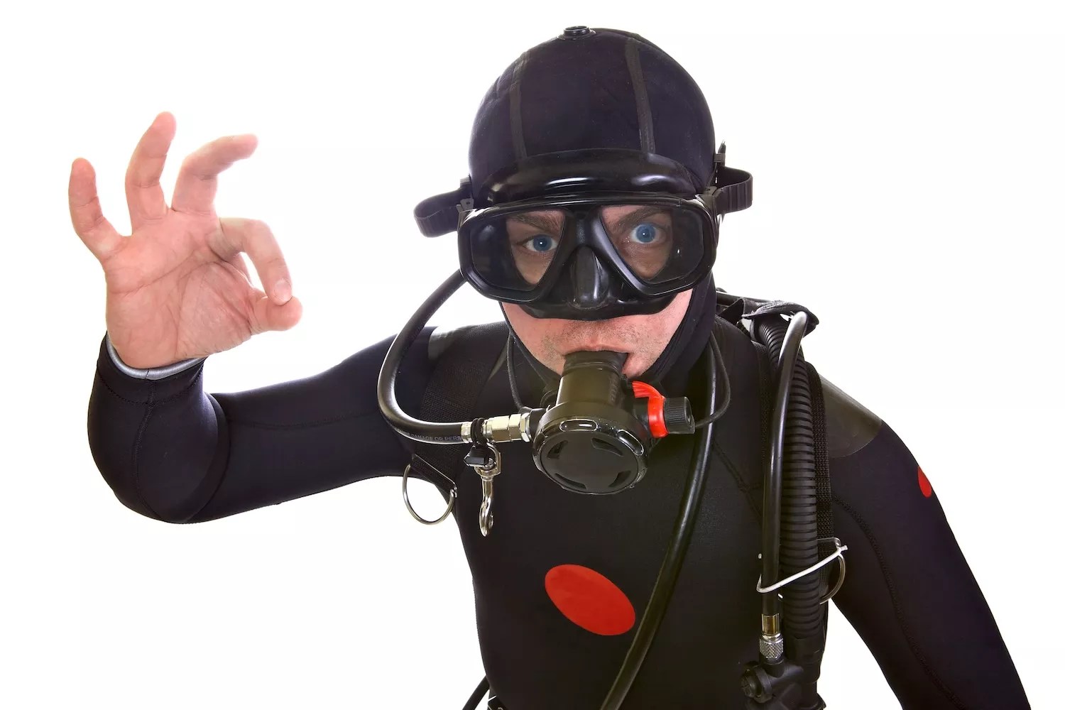 Man in scuba diving gear looks into the camera