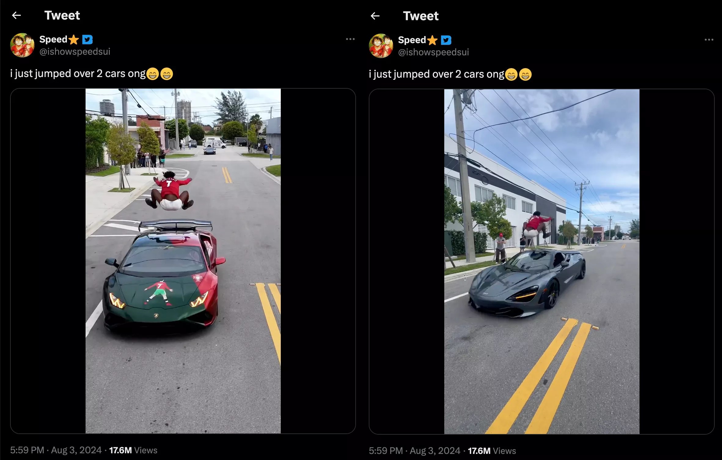 screenshots of a man jumping over 2 sports cars in succession as they drive toward him