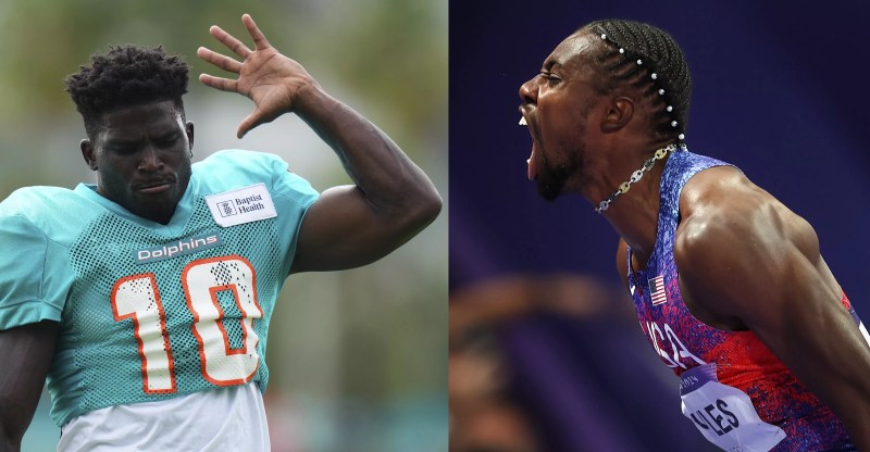 Split photos of Tyreek Hill, lifting his arm in Dolphins uniform, with no helmet on; Olympic track-and-field star Noah Lyles yelling on the track