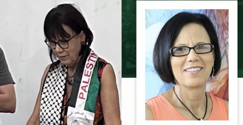 Split photo of University of Miami professor who was criticized for wearing a pro-Palestine stash in class