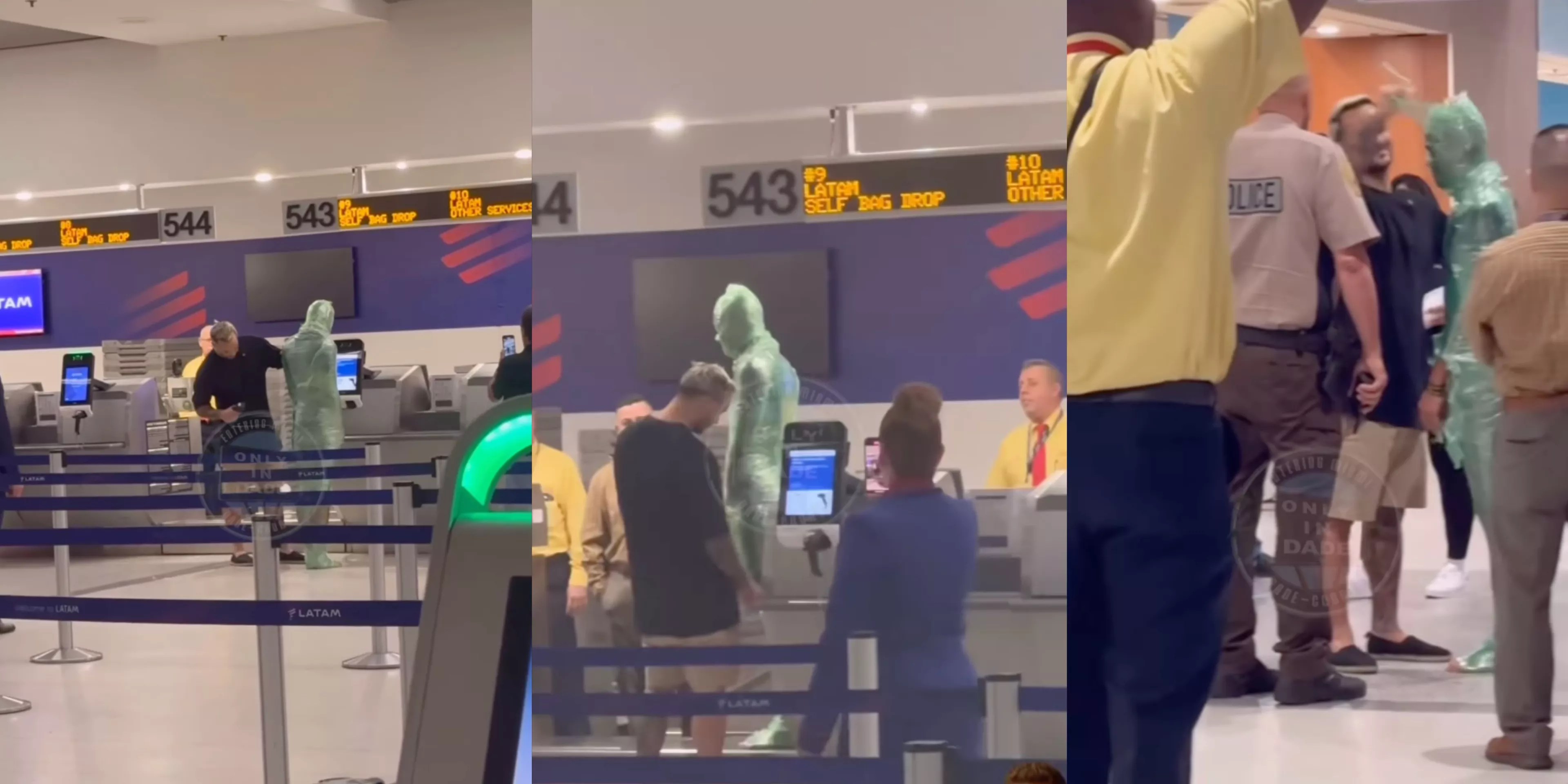 Three screenshots of a person wrapped in green luggage wrap at the check-in counter, standing on the luggage scale, and being unwrapped with Miami-Dade police looking on.