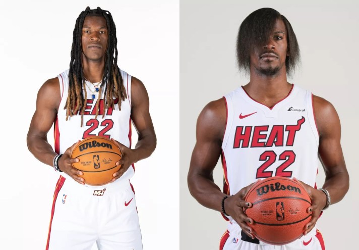 Side-by-side photos of Miami Heat All-Star forward Jimmy Butler taken on preseason media day in October 2022 and 2023