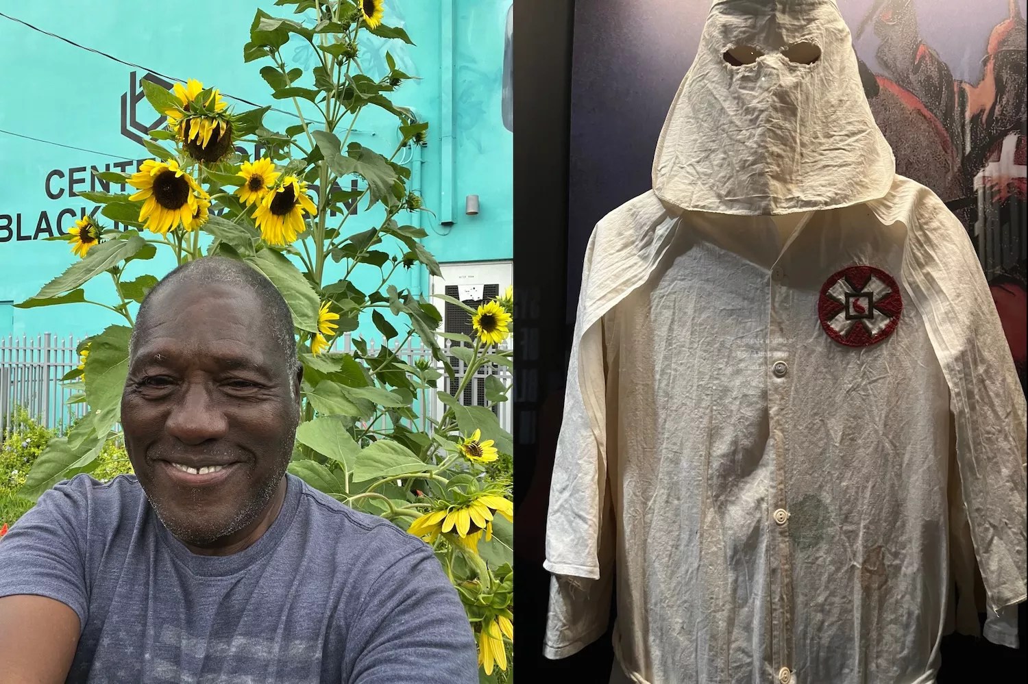 split photo showing Marvin Dunn and a Ku Klux Klan robe and hood