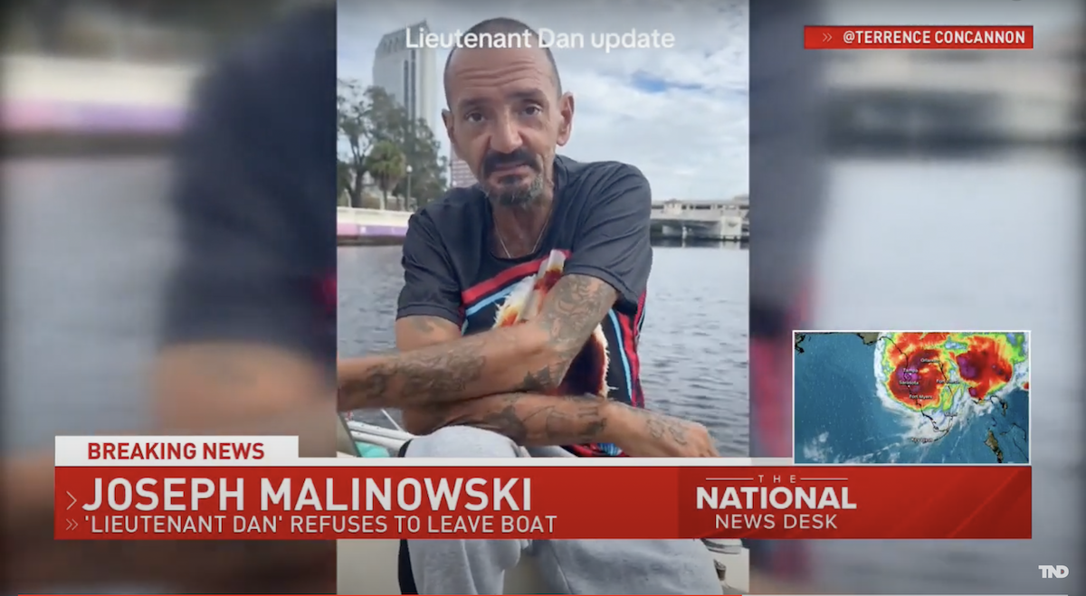 A photo of one-legged Tampa man Joseph Malinowski (better known as "Lieutenant Dan"), who became an overnight sensation while insisting to ride out the hurricane aboard his small sailboat in Tampa Bay.