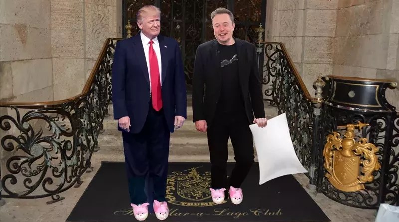 Elon Musk and Donald Trump wearing fuzzy slippers in front of Mar-a-Lago. Musk is holding a pillow in his left hand.