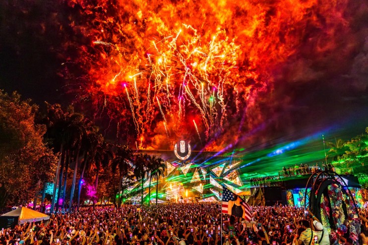 Fireworks shooting over the main stage at Ultra Music Festival in Miami