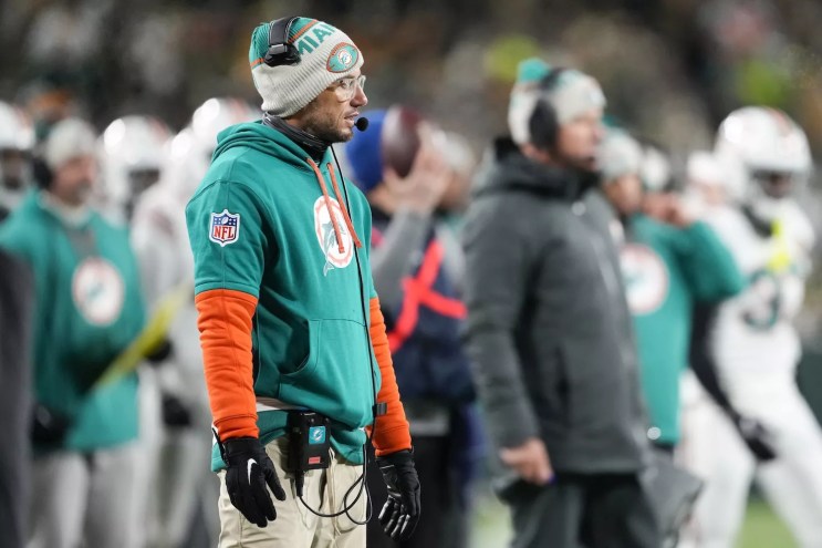 Head coach Mike McDaniel of the Miami Dolphins looks on against the Green Bay Packers during the first half of the game at Lambeau Field on November 28, 2024, in Green Bay, Wisconsin.