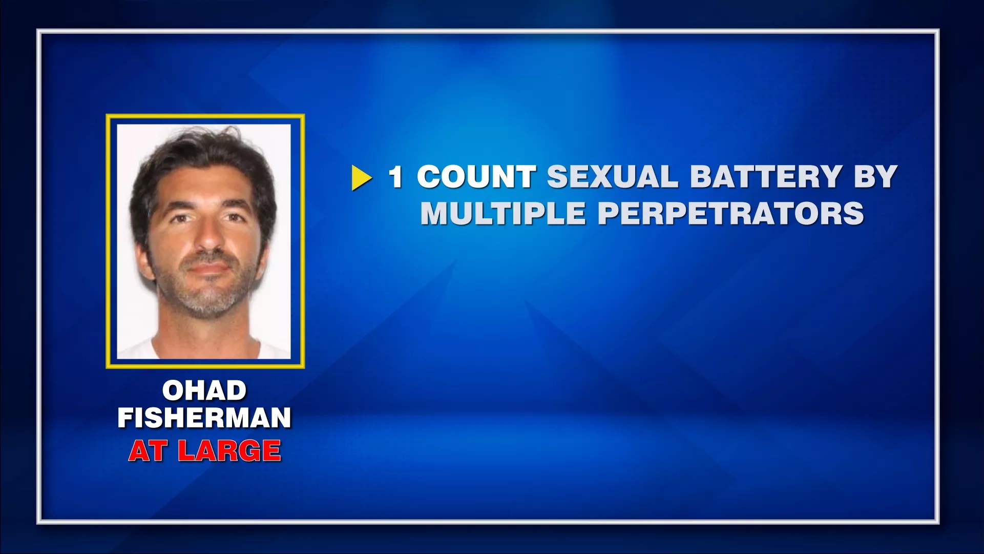 graphic showing a mugshot-like photo of a man wanted by Miami-Dade County law enforcement on a charge of "sexual battery by multiple perpetrators"